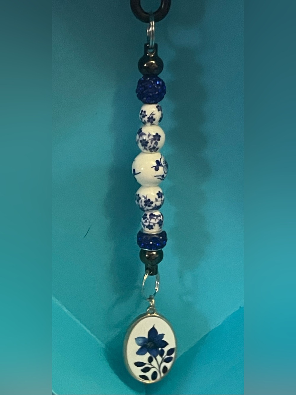 Blue Floral Beaded Keychain Card Holder Charm